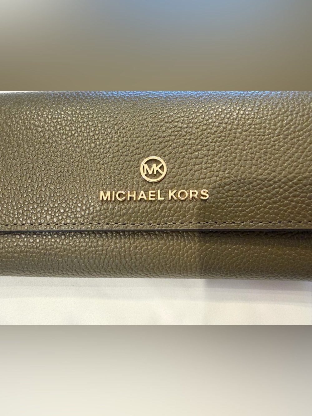 Michael Kors Olive Green Pebbled Leather Continental Wallet with Gold Logo